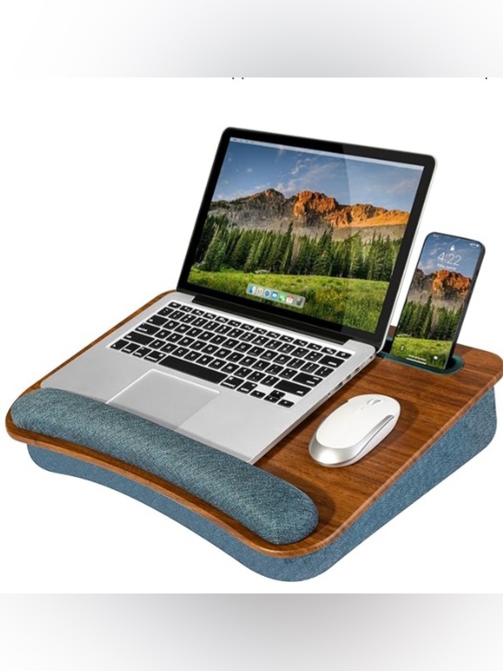 Wood Lap Desk with Blue Fabric Wrist Rest/Lap Gear